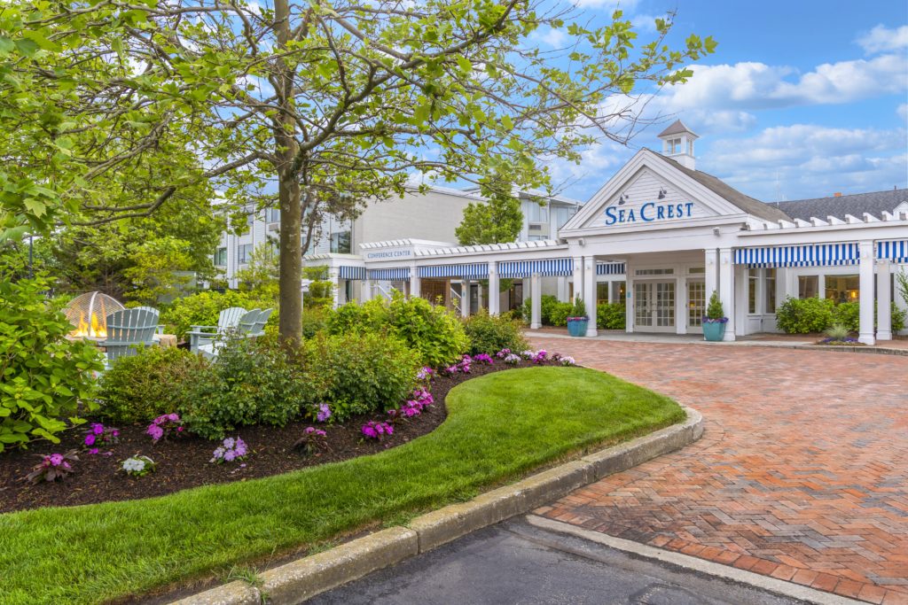 Front entrance of Sea Crest Beach Hotel in North Falmouth on Cape Cod