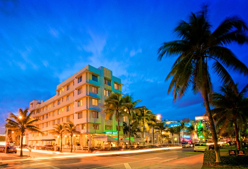 Exterior of Winter Haven Hotel in Miami Beach at night