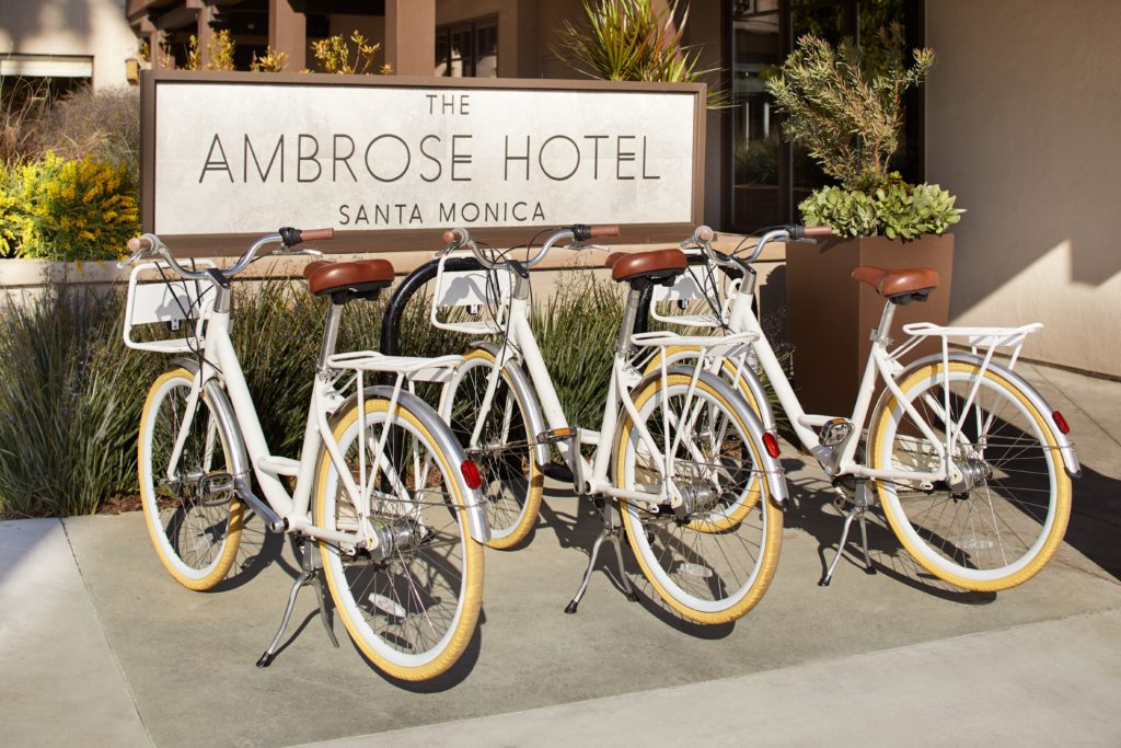 Row of bicycles in front of The Ambrose Hotel in Santa Monica