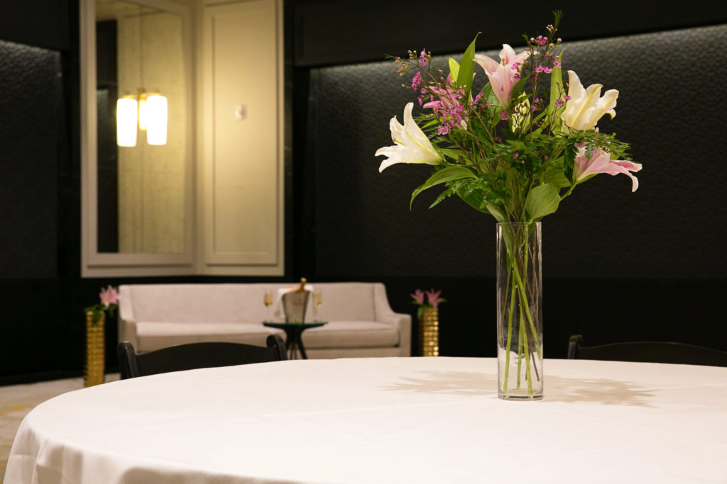 Flowers on a table in the ballroom at The Tillary Hotel in Brooklyn